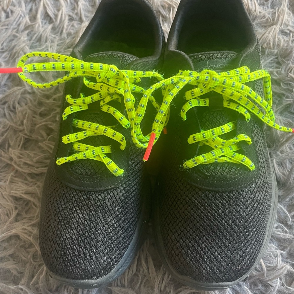 Sketchers Black Sneakers with Neon Yellow Laces